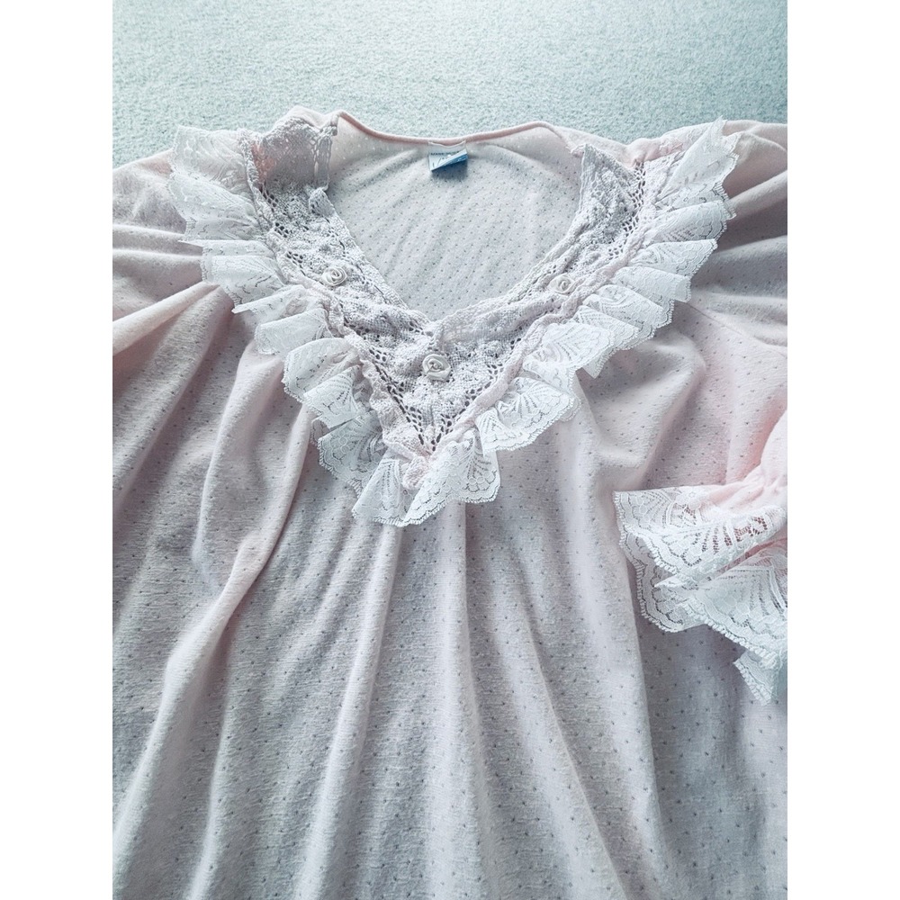 VTG 70s 80s Val Mode Pink 2PC Pajama Set Lace Yoke Cottagecore Coquette Medium